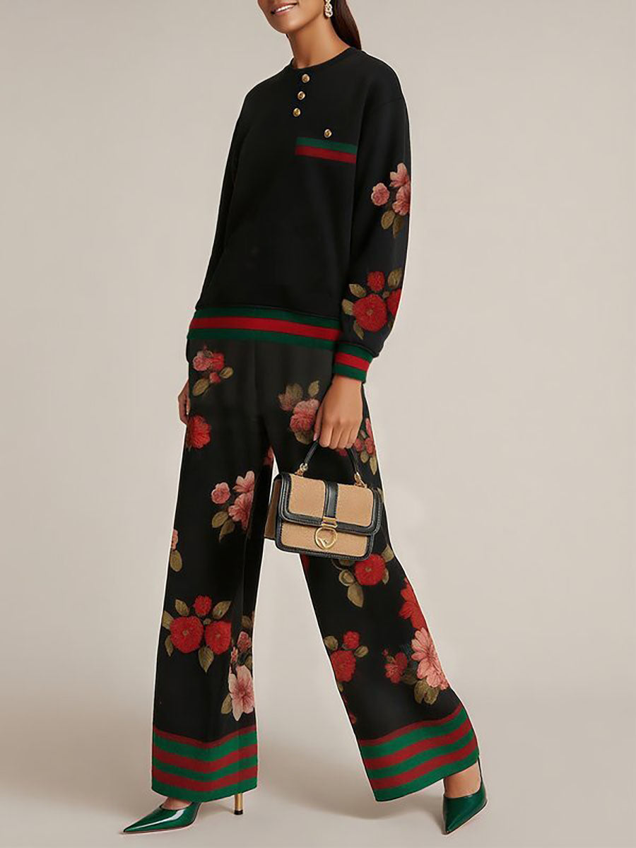 Floral Wide-Leg High-Waist Pocket Pants