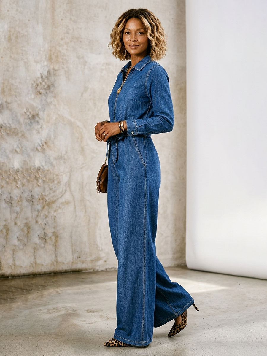 Wide-Leg Zip Pocket Long-Sleeve Jumpsuit