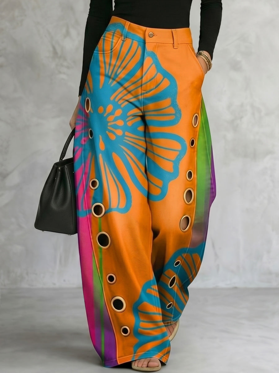 Printed Wide-Leg Button-Detail Cut-Out Pants