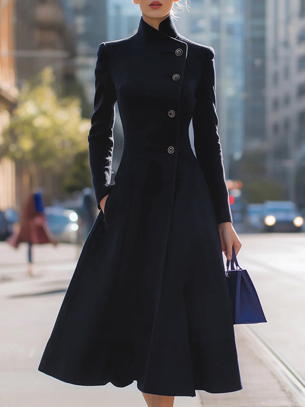 Stand-Collar A-Line Button-Detail Pocket Coat