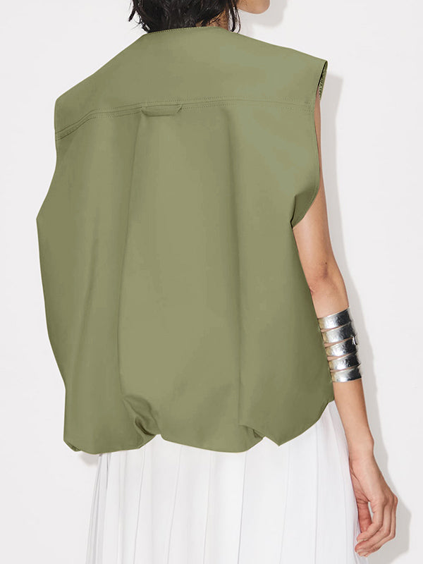 Round-Neck Zip Pocket Sleeveless Vest