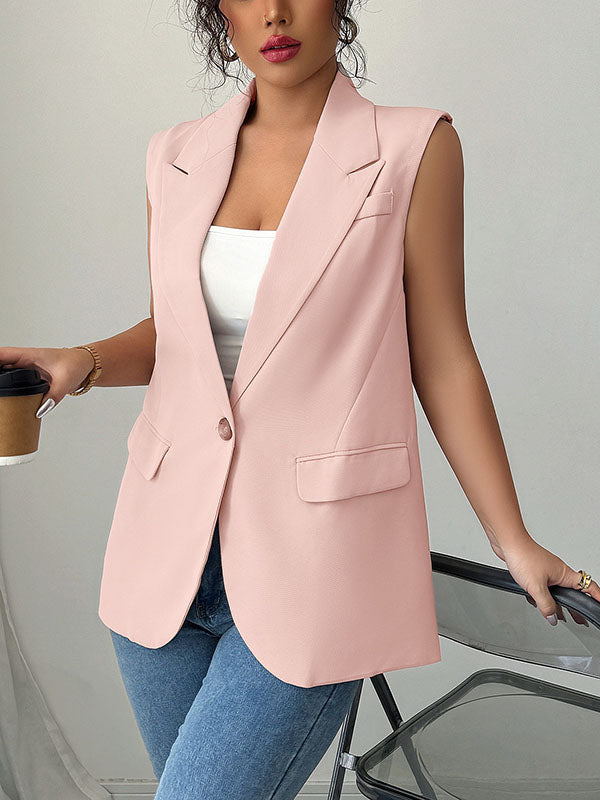 Notch-Collar Button-Detail Pocket Sleeveless Blazer
