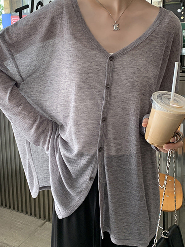 V-Neck Button-Detail Long-Sleeve Relaxed Cardigan