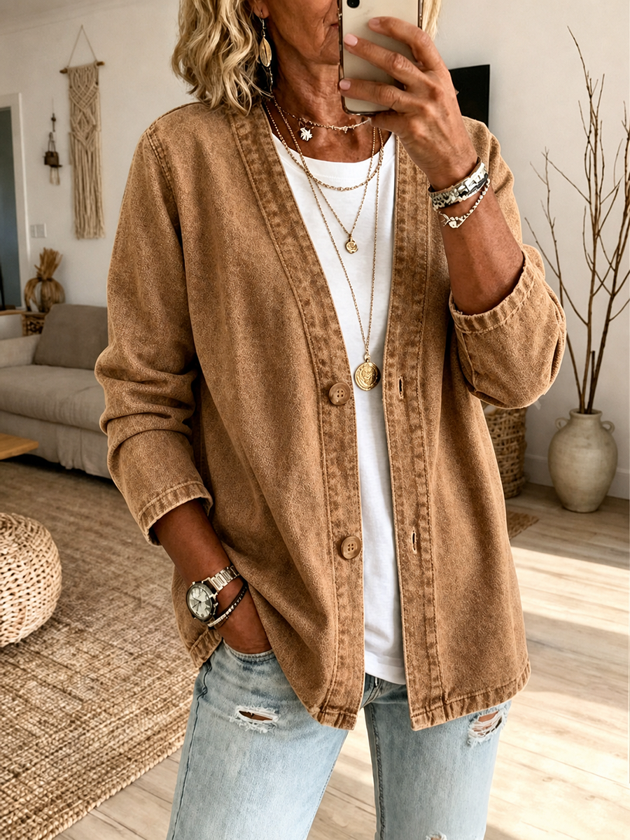 Denim Plus Size Button-Detail Long-Sleeve Jacket