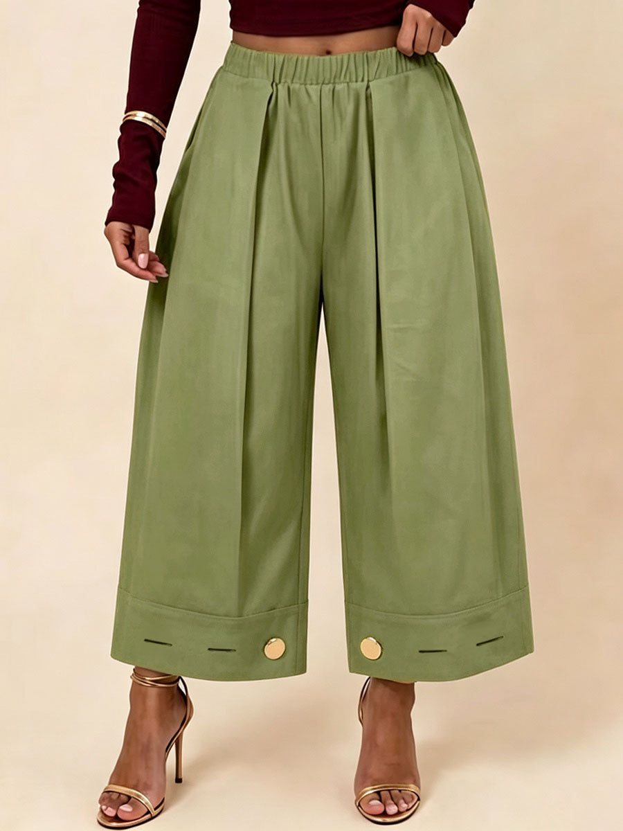 Wide-Leg Pleated Button-Detail Pocket Pants