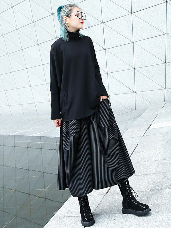 Striped High-Waist Pocket Elastic Culottes