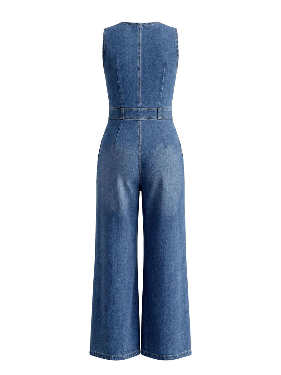 High-Waist Round-Neck Pleated Zip Jumpsuit