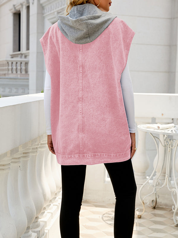 Hooded Button-Detail Pocket Sleeveless Vest