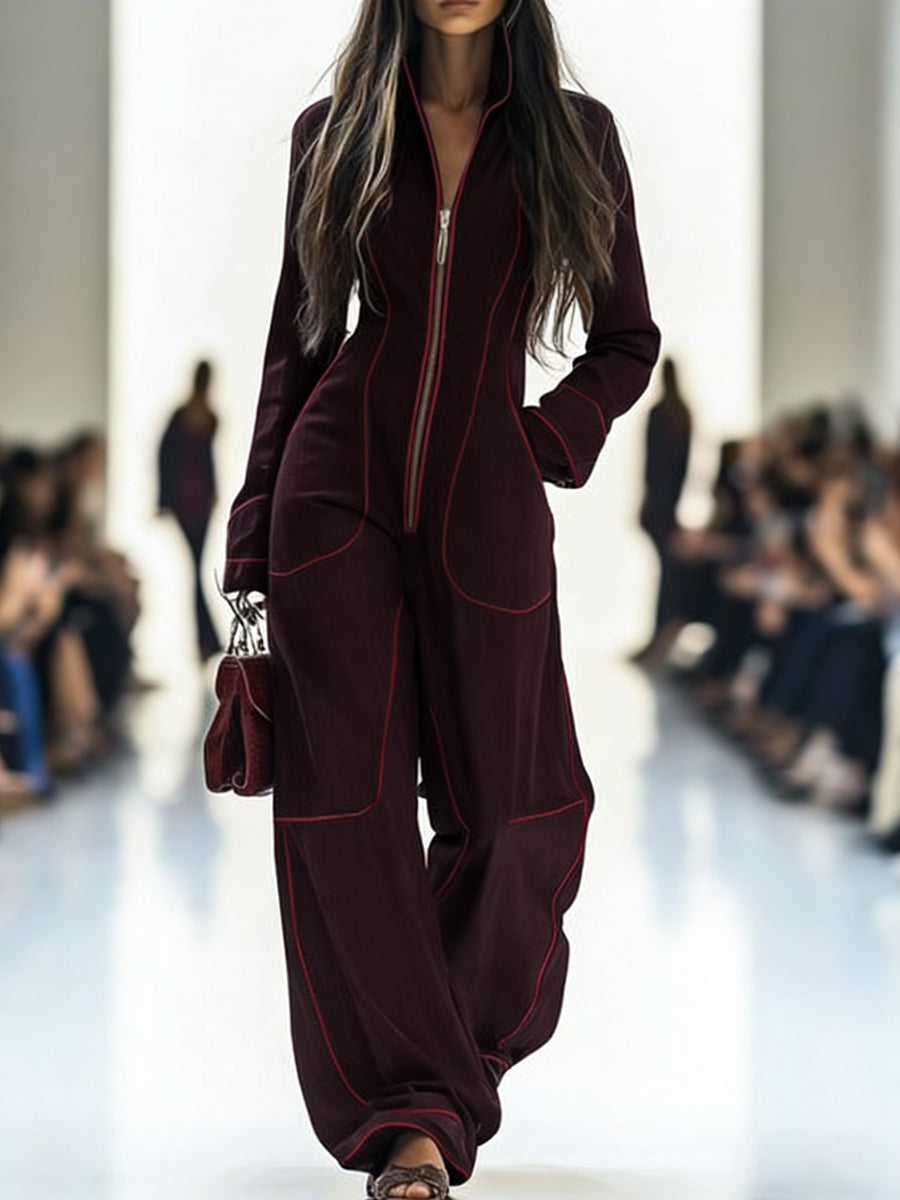 Wide-Leg Stand-Collar Zip Long-Sleeve Jumpsuit