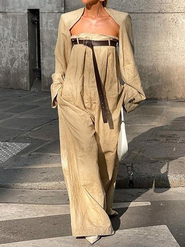 Wide-Leg Button-Detail Belted Long-Sleeve Belt