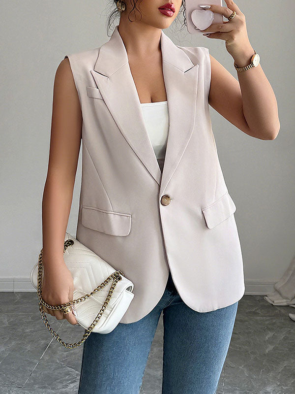 Notch-Collar Button-Detail Pocket Sleeveless Blazer