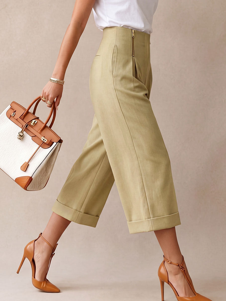 Wide-Leg High-Waist Cropped Pleated Pants