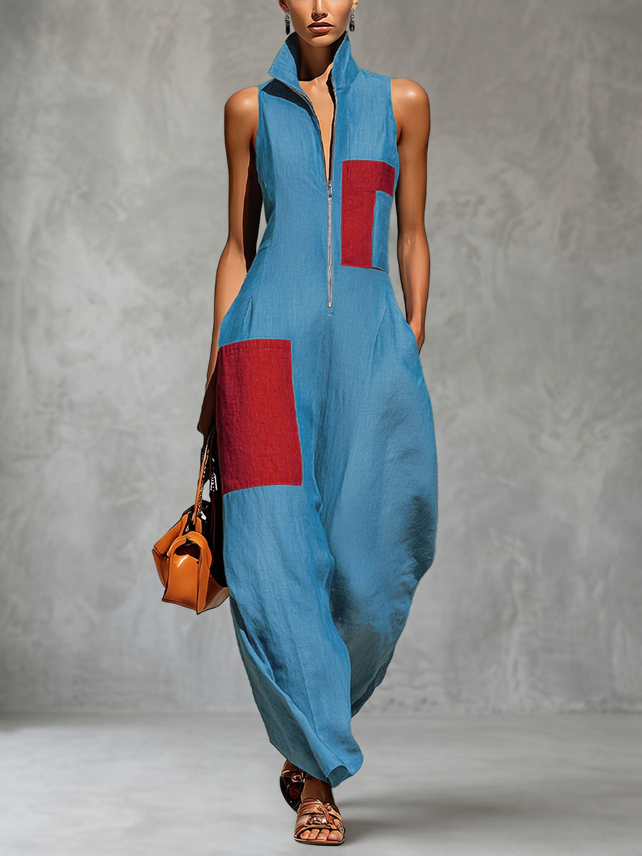 Wide-Leg Pocket Relaxed Contrast Jumpsuit