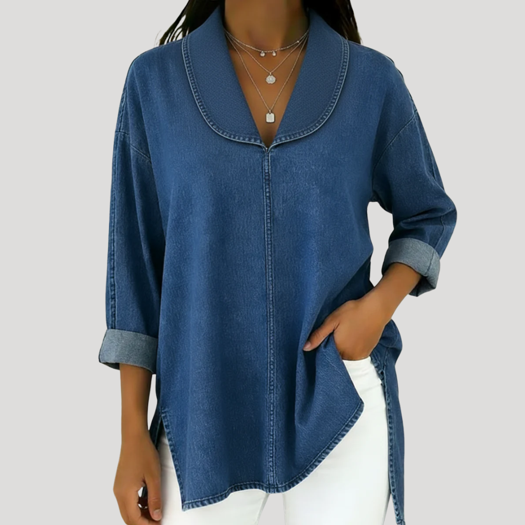 Camille | Faux Denim Shawl Collar Blouse