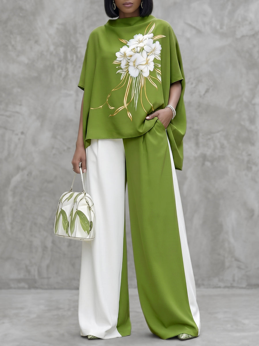 Wide-Leg High-Waist Pocket Contrast Pants