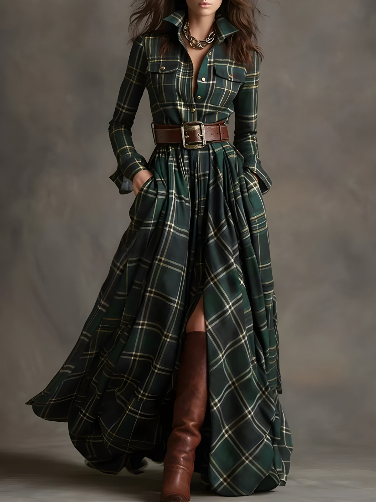 Elara | Plaid Button-Front Maxi Dress