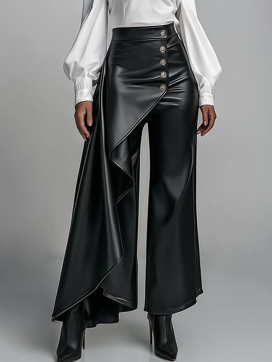 Wide-Leg High-Waist Pleated Button-Detail Pants