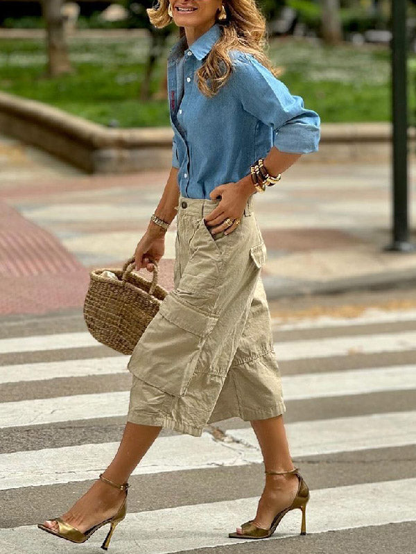 Wide-Leg Cropped Button-Detail Pocket Pants