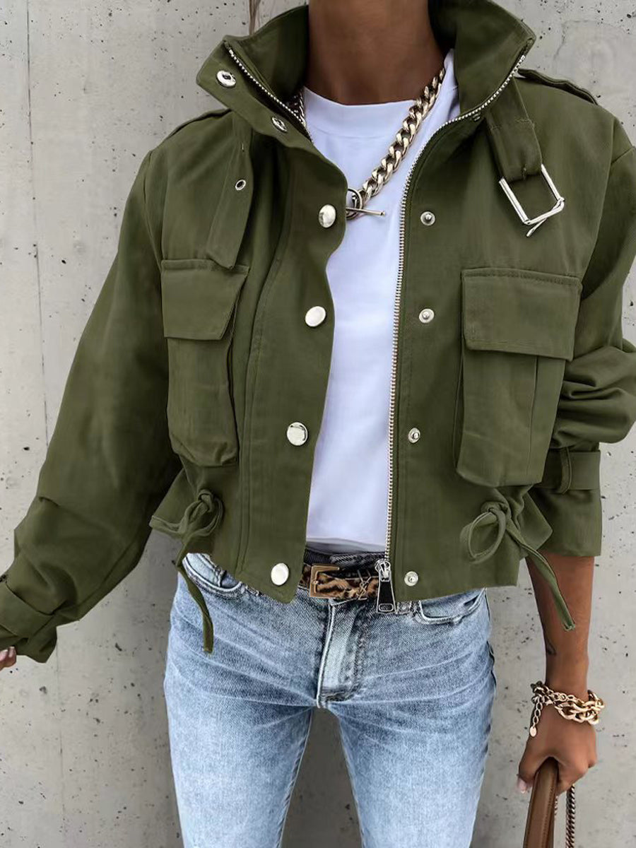 Printed Stand-Collar Drawstring Button-Detail Jacket