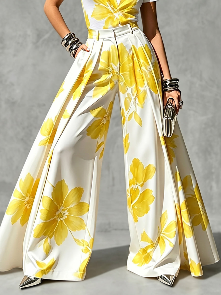 Floral Wide-Leg High-Waist Pleated Pants