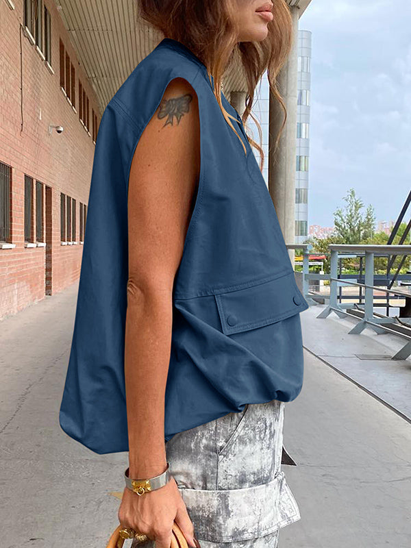 Round-Neck Zip Pocket Sleeveless Vest