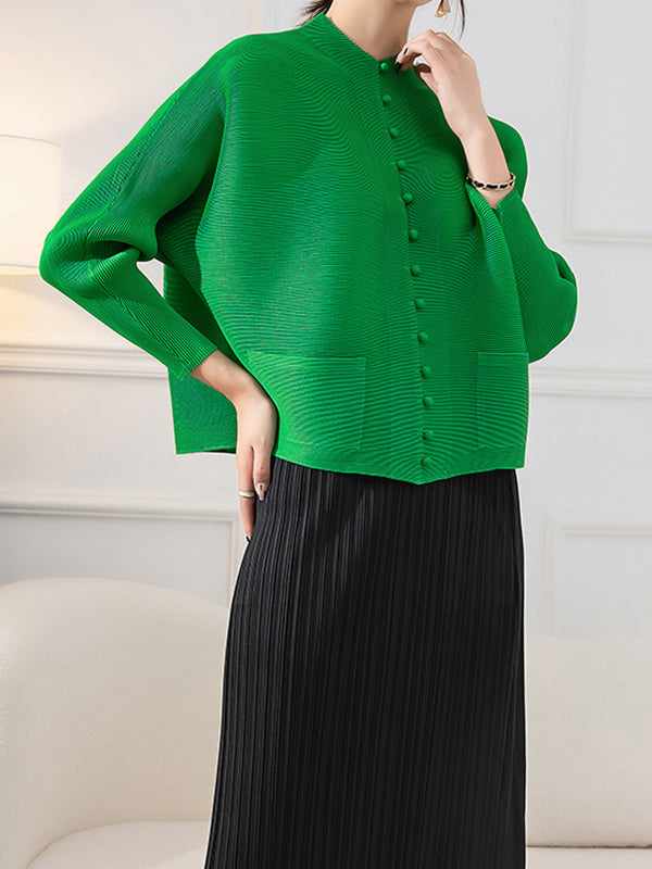Round-Neck Pleated Button-Detail Pocket Jacket