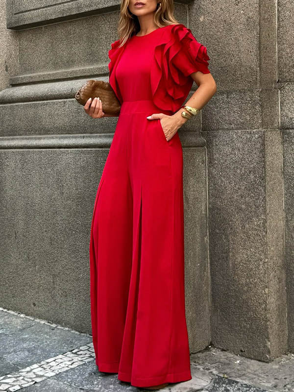 Round-Neck Short-Sleeve Relaxed Jumpsuit
