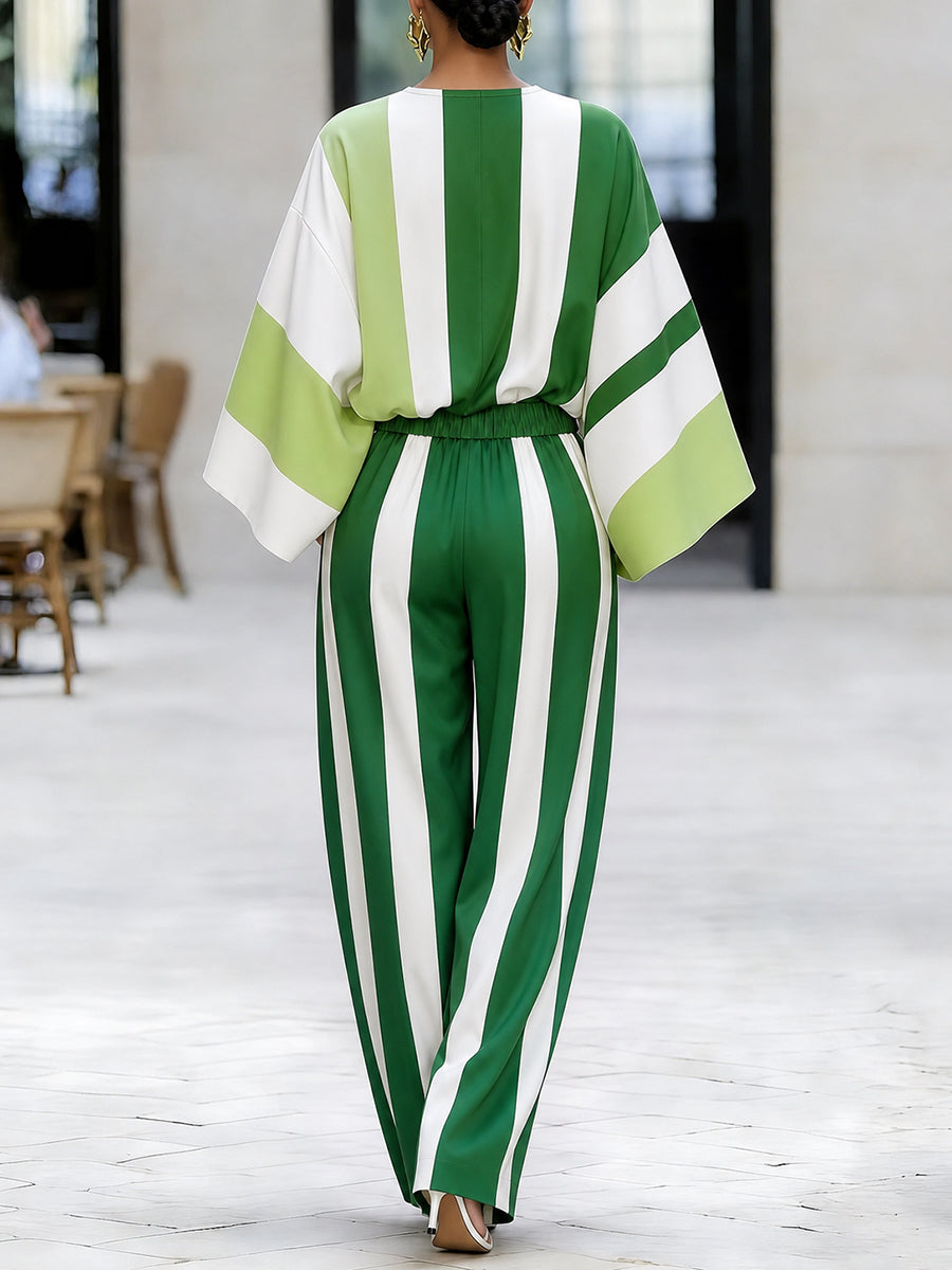 Striped Wide-Leg Pocket Elastic Pants