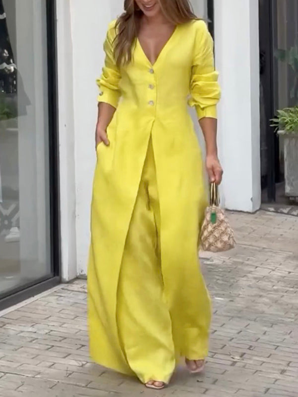 High-Waist V-Neck Button-Detail Pocket Jumpsuit