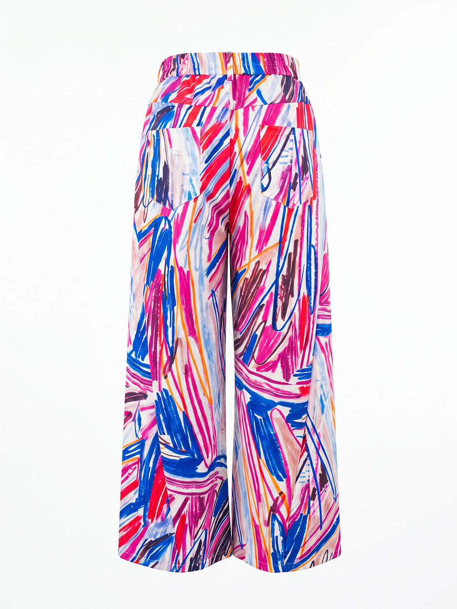 Printed Wide-Leg High-Waist Button-Detail Pants