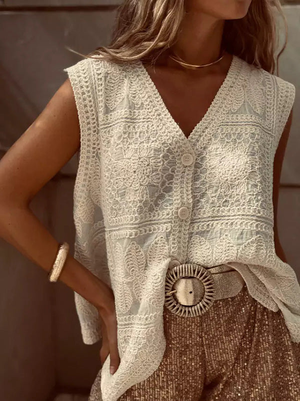 V-Neck Embroidered Button-Detail Sleeveless Vest