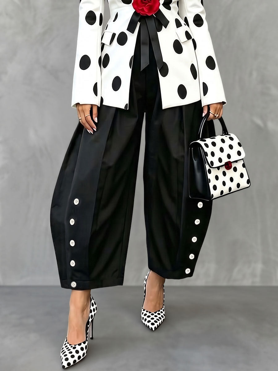 Wide-Leg High-Waist Pleated Button-Detail Pants