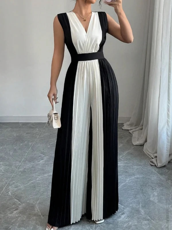 High-Waist V-Neck Pleated Relaxed Jumpsuit