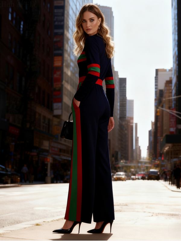 Striped Pocket Long-Sleeve Contrast Jumpsuit