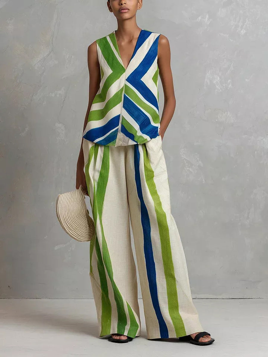Striped V-Neck Sleeveless Relaxed Tank Top