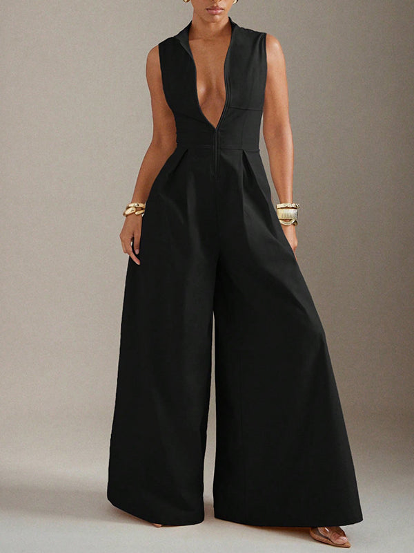 Wide-Leg Round-Neck Pleated Zip Jumpsuit