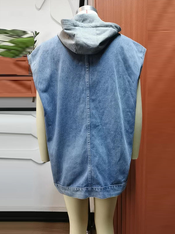 Hooded Button-Detail Pocket Sleeveless Vest