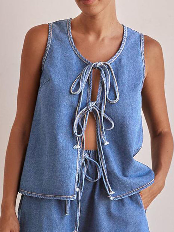 Lace Round-Neck Sleeveless Relaxed Vest