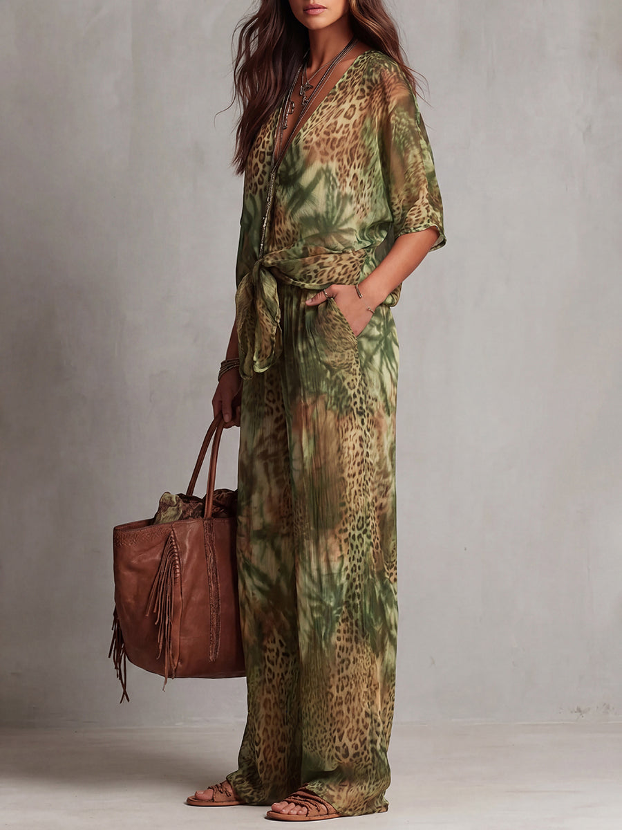 Leopard Print Wide-Leg High-Waist Pocket Pants