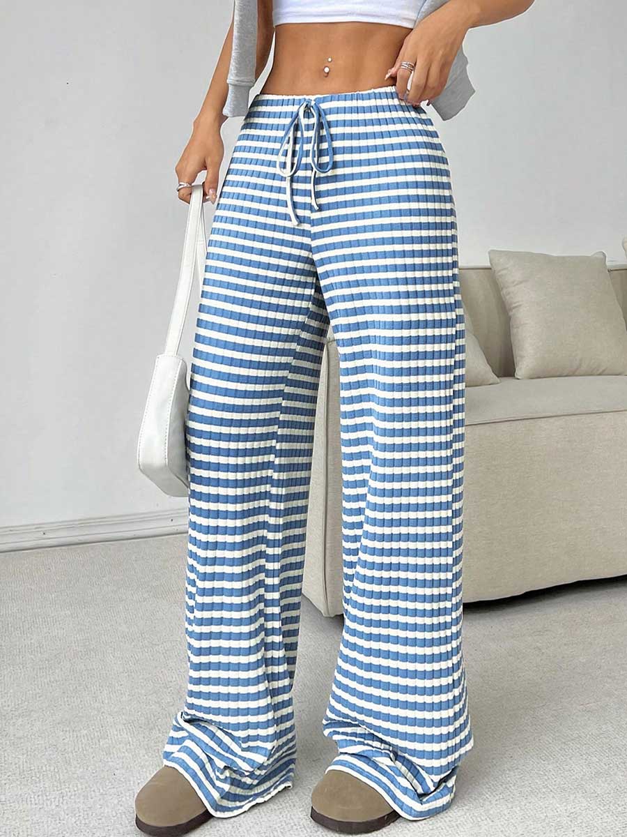 Striped High-Waist Drawstring Contrast Pants