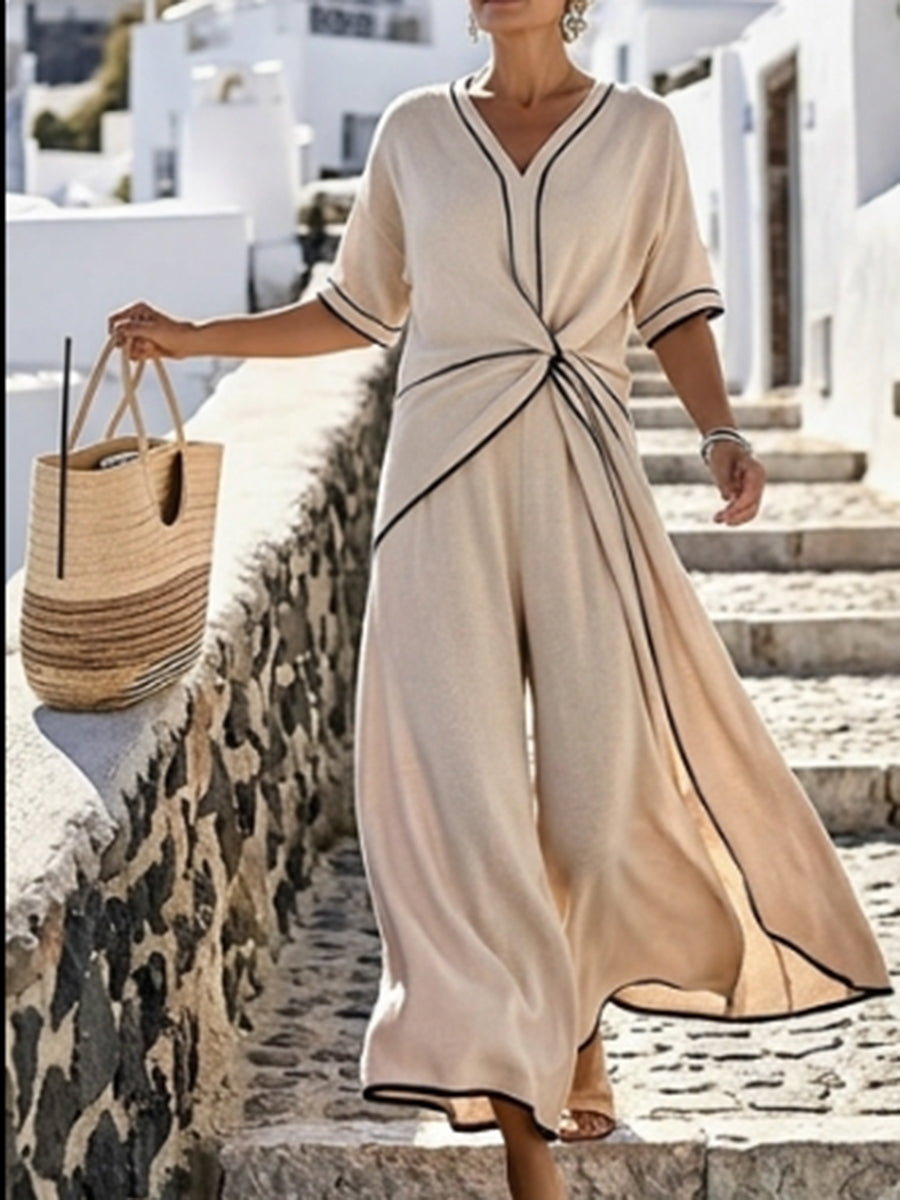 High-Waist V-Neck Pleated A-Line Jumpsuit