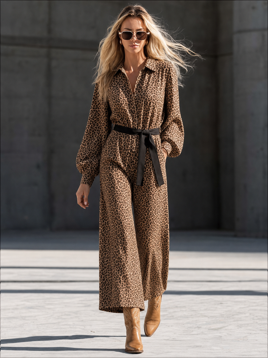 Leopard Print Wide-Leg Button-Detail Pocket Jumpsuit