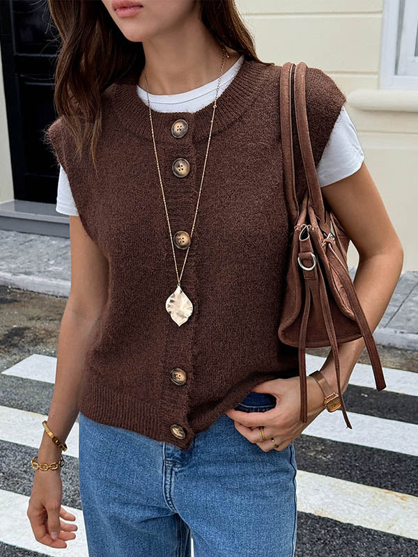 Round-Neck Button-Detail Sleeveless Relaxed Vest