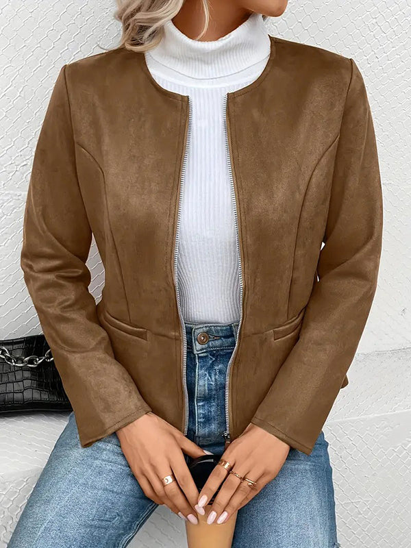 Round-Neck Zip Pocket Long-Sleeve Jacket