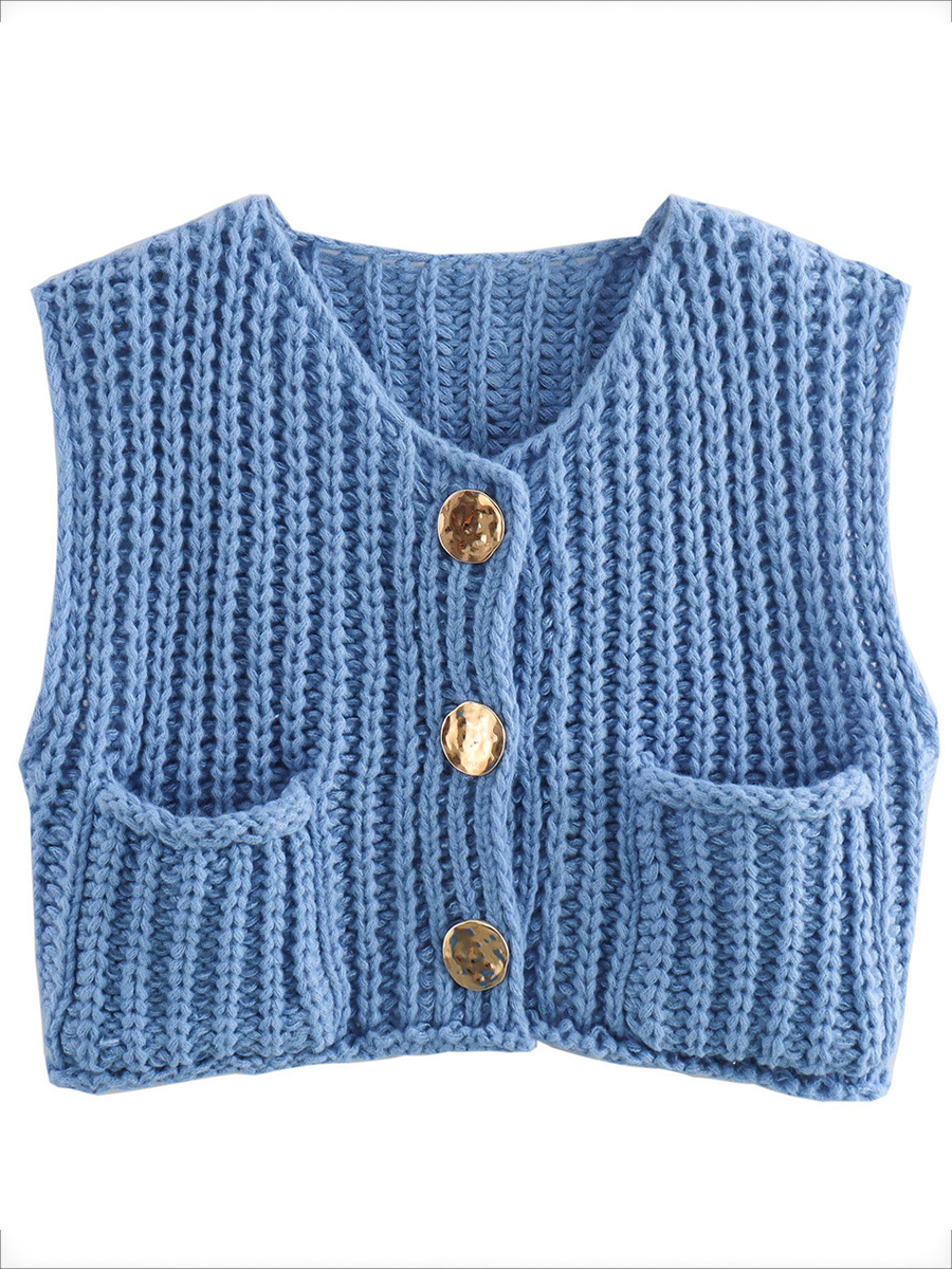 Knit Button-Detail Pocket Sleeveless Cardigan