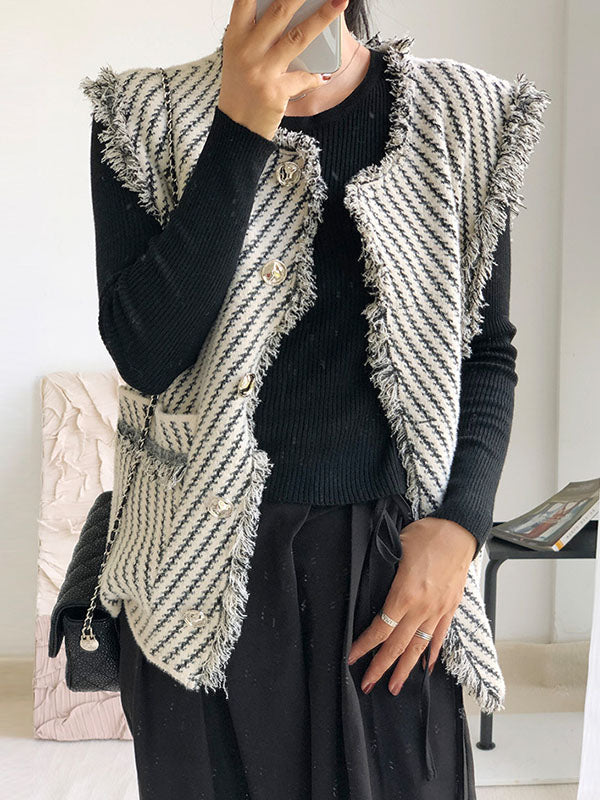 Striped V-Neck Fringe Button-Detail Vest