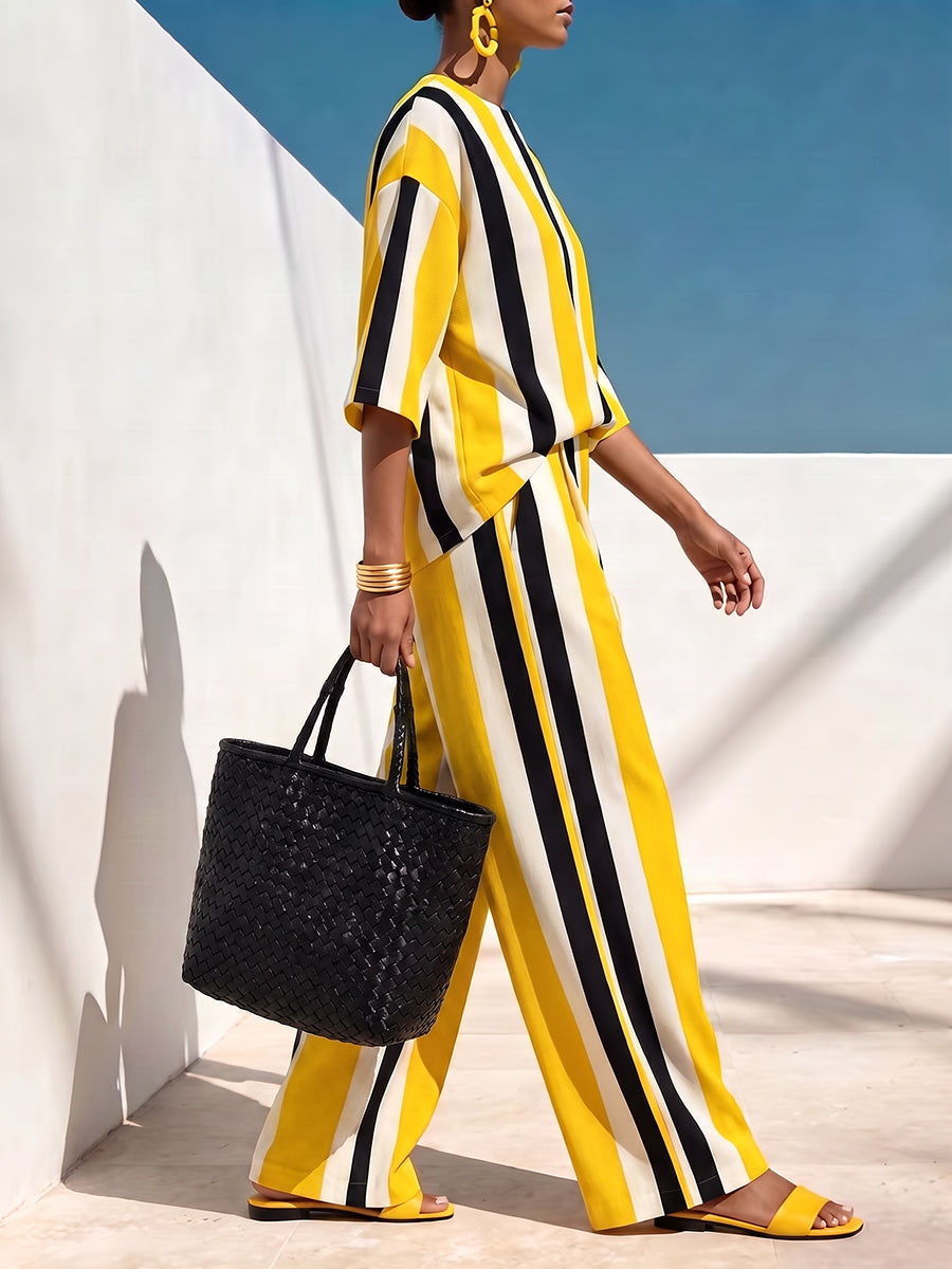 Striped Wide-Leg Pocket Elastic Pants