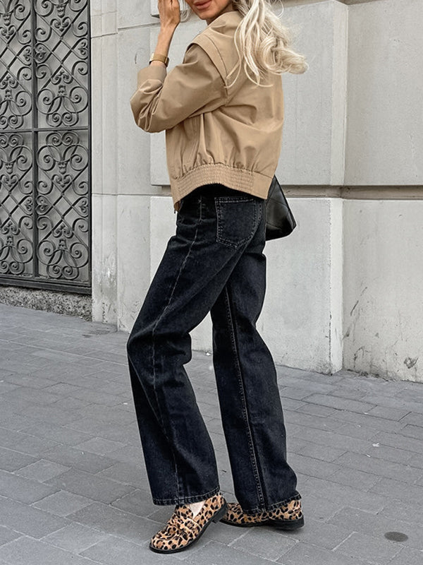Button-Detail Zip Long-Sleeve Elastic Jacket