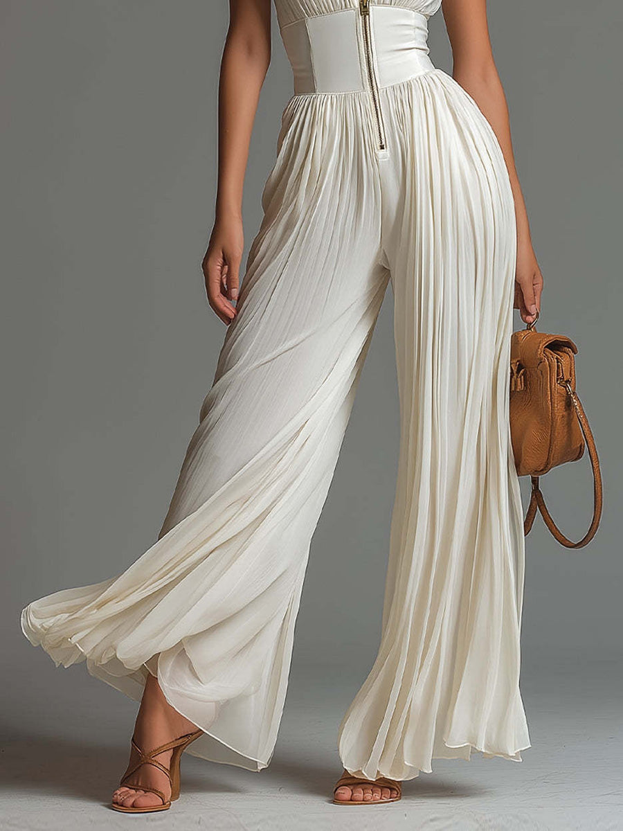 High-Waist V-Neck Pleated Zip Jumpsuit
