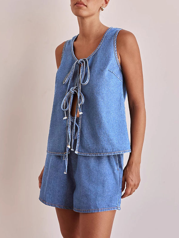 Lace Round-Neck Sleeveless Relaxed Vest